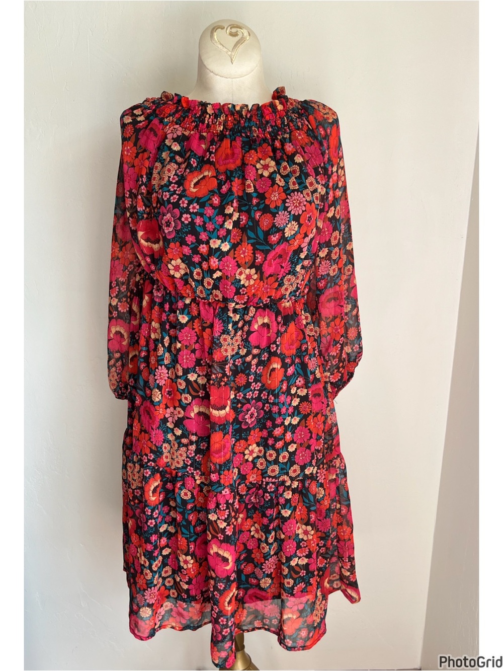 Alice & Olivia Red Floral Blouson Dress Off Shoulder